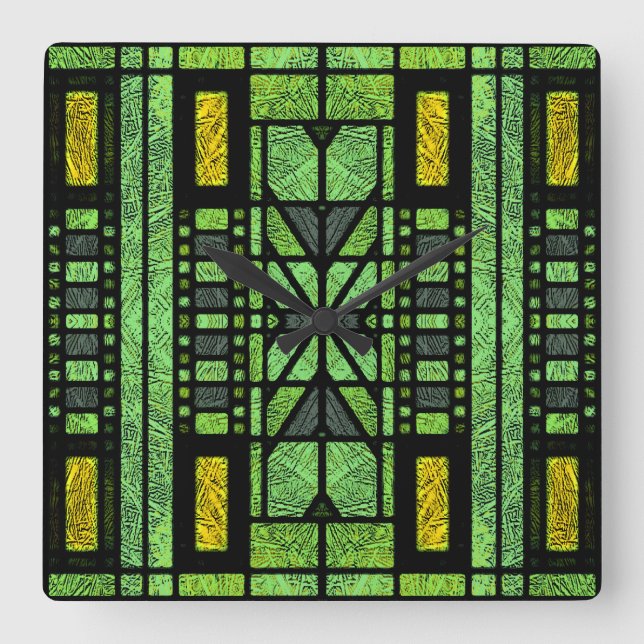 Konstglas Art Deco i grönt och guld Fyrkantig Klocka (Framsida)