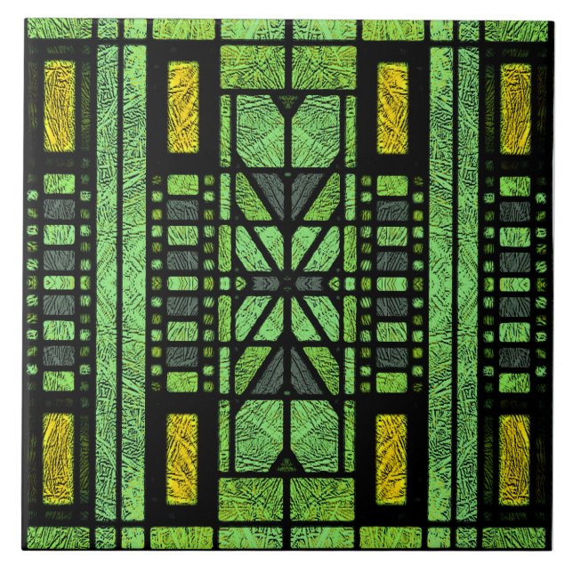 Konstglas Art Deco i grönt och guld Kakelplatta (Framsidan)