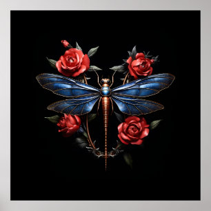 Konsthantverk: Metallisk dragonfly med Röd ros Poster