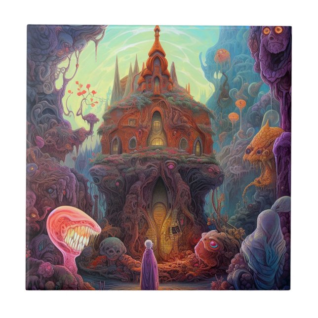 Konstig Creepy House Surreal Art Kakelplatta (Framsidan)