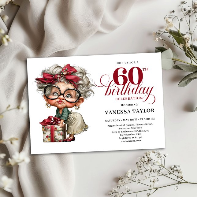 Konstig gammal kvinna 60-års födelsedagsinbjudning inbjudningar (Quirky Old Woman 60th Birthday Invitation Card)