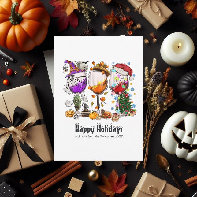 Konstig högtidskollage Vinglas Julhälsning Julkort (Quirky Holiday Collage Wine Glasses Greeting Card)