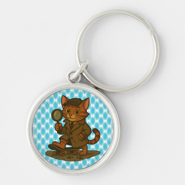 konstig katt rund silverfärgad nyckelring (Framsidan)