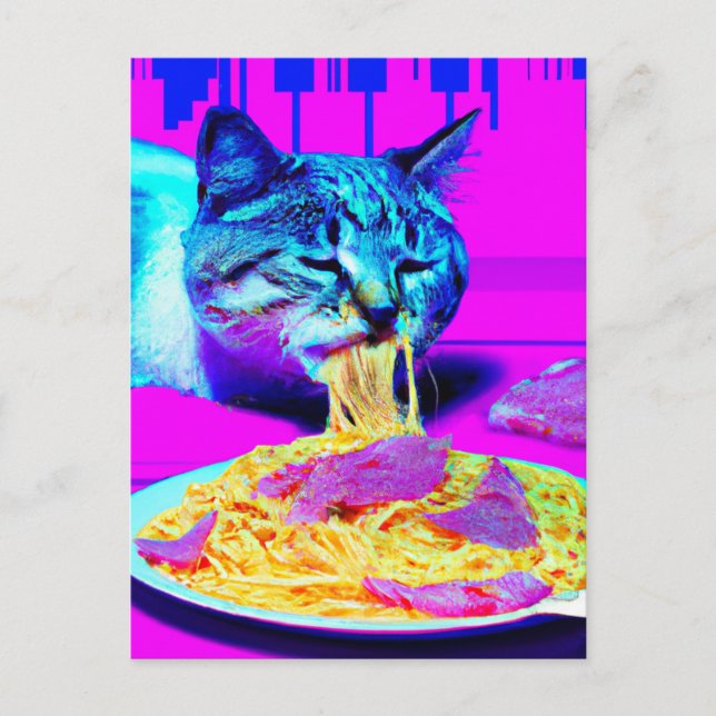 Konstig katt som äter spagetti generativecontent vykort (Framsida)