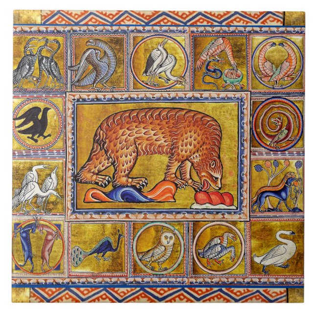 KONSTIG MEDIEVAL BESTIARY,BEAR,FANTASTISKA DJUR KAKELPLATTA (Framsidan)