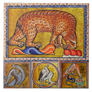 KONSTIG MEDIEVAL BESTIARY,BEAR,SKOGSDJUR FÅGLAR KAKELPLATTA