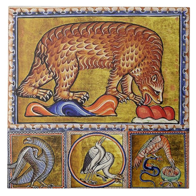 KONSTIG MEDIEVAL BESTIARY,BEAR,SKOGSDJUR FÅGLAR KAKELPLATTA (Framsidan)