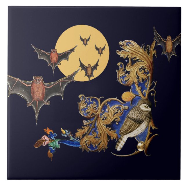 KONSTIG MEDIEVAL BESTIARY,BIRD,FLADDERMUS I NÄTBLÅ KAKELPLATTA (Framsidan)