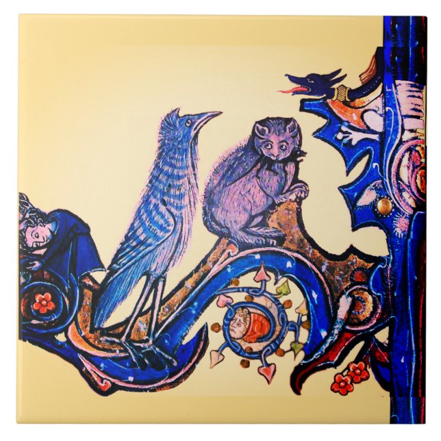 KONSTIG MEDIEVAL BESTIARY BLUE CAT OCH CUCKOO BIRD KAKELPLATTA (Framsidan)