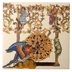 KONSTIG MEDIEVAL BESTIARY Dragon and Cat Kakelplatta