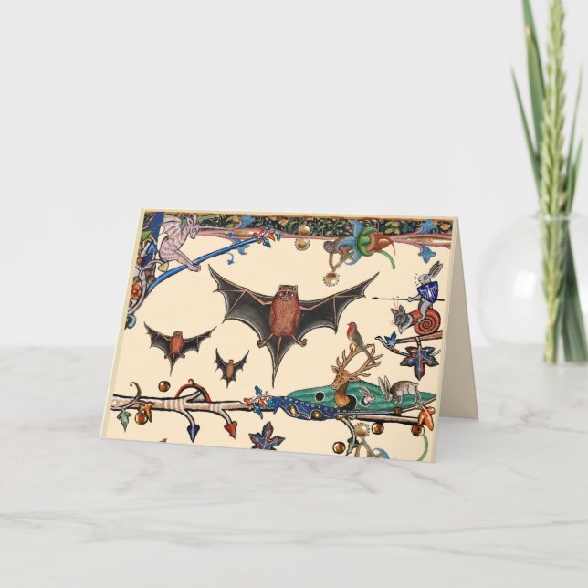 KONSTIG MEDIEVAL BESTIARY,FLYING FLADDERMÖSS FORES HELGKORT (Framsida)