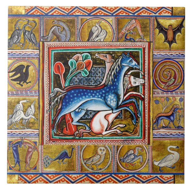 KONSTIG MEDIEVAL BESTIARY,HORSES,SKOGSDJUR KAKELPLATTA (Framsidan)