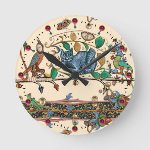 KONSTIG MEDIEVAL BESTIARY HUNTER CAT, BIRD, FALCON RUND KLOCKA
