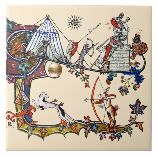 KONSTIG MEDIEVAL BESTIARY KRIG Hundar och Killer R Kakelplatta (Framsidan)