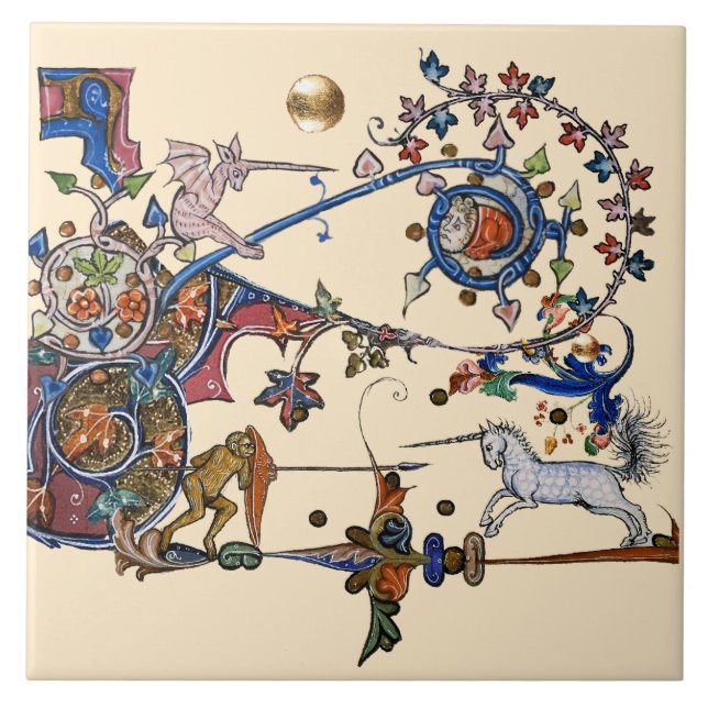 KONSTIG MEDIEVAL BESTIARY KRIG UNICORNS COMBAT MON KAKELPLATTA (Framsidan)