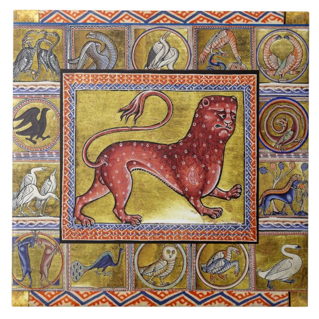 KONSTIG MEDIEVAL BESTIARY,LEOPARD,SKOGDJUR KAKELPLATTA (Framsidan)