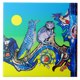 KONSTIG MEDIEVAL BESTIARY NIGHT BLUE CAT,CUCKOO BI KAKELPLATTA