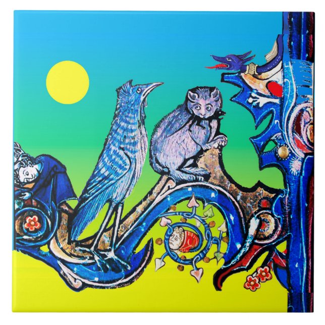 KONSTIG MEDIEVAL BESTIARY NIGHT BLUE CAT,CUCKOO BI KAKELPLATTA (Framsidan)