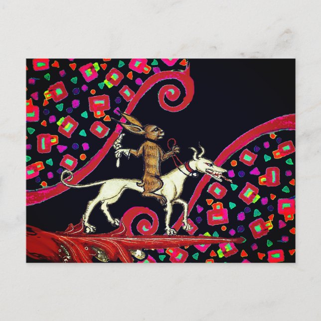 KONSTIG MEDIEVAL BESTIARY Rabbit Riding a White Hu Helg Vykort (Framsida)