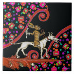 KONSTIG MEDIEVAL BESTIARY Rabbit Riding a White Hu Kakelplatta<br><div class="desc">En kanin som kör en vit hund som riddare med snigel som falkon. Originalmålning och digitalt kollage av Bulgan Lumini</div>