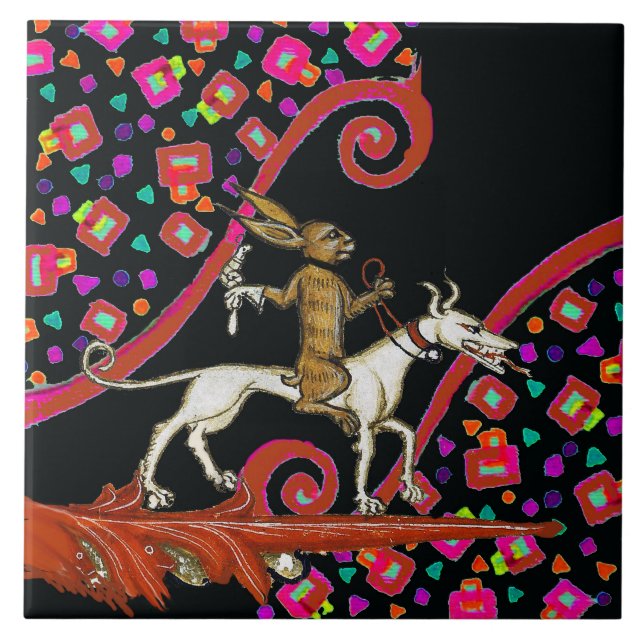 KONSTIG MEDIEVAL BESTIARY Rabbit Riding a White Hu Kakelplatta (Framsidan)