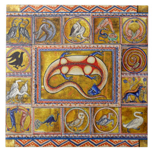 KONSTIG MEDIEVAL BESTIARY,SALAMANDER,SKOGSDJUR KAKELPLATTA