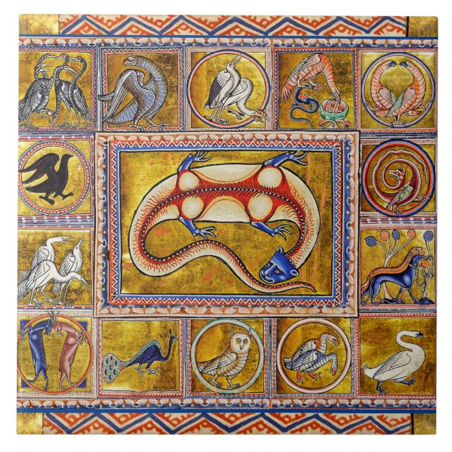 KONSTIG MEDIEVAL BESTIARY,SALAMANDER,SKOGSDJUR KAKELPLATTA (Framsidan)