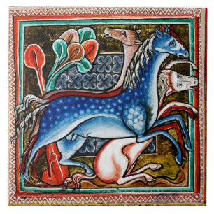KONSTIG MEDIEVAL BESTIARY, TRE HORSES IN WOODLAND KAKELPLATTA