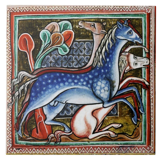 KONSTIG MEDIEVAL BESTIARY, TRE HORSES IN WOODLAND KAKELPLATTA (Framsidan)