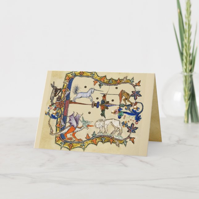 KONSTIG MEDIEVAL BESTIARY, UNICORN FIGHTING MONKEY HELGKORT (Framsida)