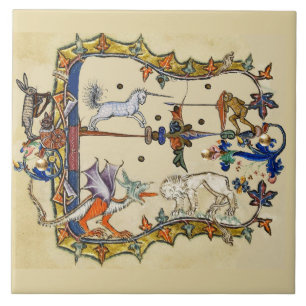 KONSTIG MEDIEVAL BESTIARY, UNICORN FIGHTING MONKEY KAKELPLATTA