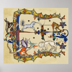 KONSTIG MEDIEVAL BESTIARY, UNICORN FIGHTING MONKEY POSTER