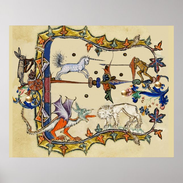 KONSTIG MEDIEVAL BESTIARY, UNICORN FIGHTING MONKEY POSTER (Framsidan)
