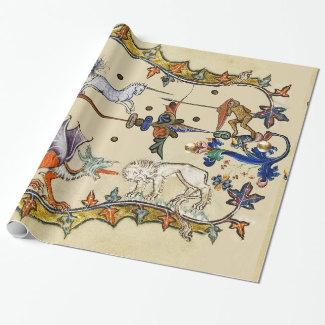 KONSTIG MEDIEVAL BESTIARY, UNICORN FIGHTING MONKEY PRESENTPAPPER (Utrullad)