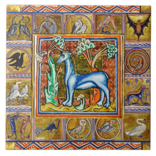 KONSTIG MEDIEVAL BESTIARY,UNICORN,SKOGSDJUR KAKELPLATTA