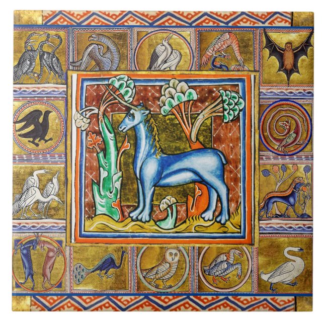 KONSTIG MEDIEVAL BESTIARY,UNICORN,SKOGSDJUR KAKELPLATTA (Framsidan)