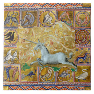 KONSTIG MEDIEVAL BESTIARY,UNICORN SPRINGA,SKOGSDJU KAKELPLATTA
