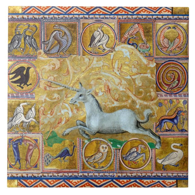 KONSTIG MEDIEVAL BESTIARY,UNICORN SPRINGA,SKOGSDJU KAKELPLATTA (Framsidan)
