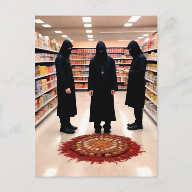 Konstig ockult ritual på postkort från mataffär vykort (Framsida)