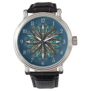 Konstig Ögon Mandala Art - Trippy Flower Blue Grön Armbandsur