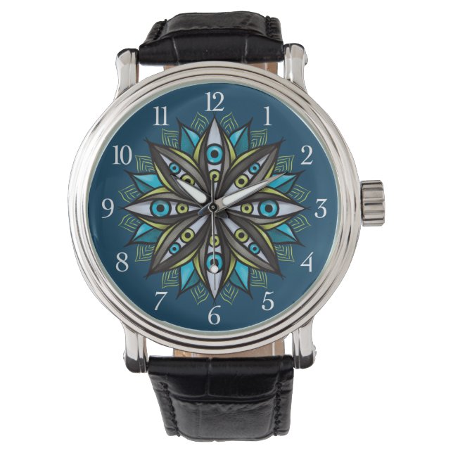 Konstig Ögon Mandala Art - Trippy Flower Blue Grön Armbandsur (Framsida)