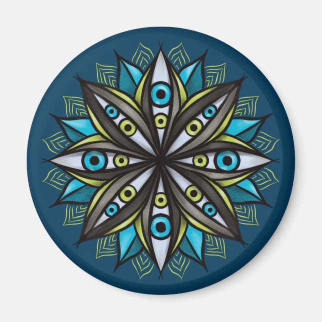 Konstig Ögon Mandala Art - Trippy Flower Blue Grön Magnet (Framsidan)