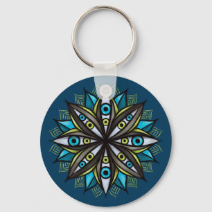Konstig Ögon Mandala Art - Trippy Flower Blue Grön Nyckelring