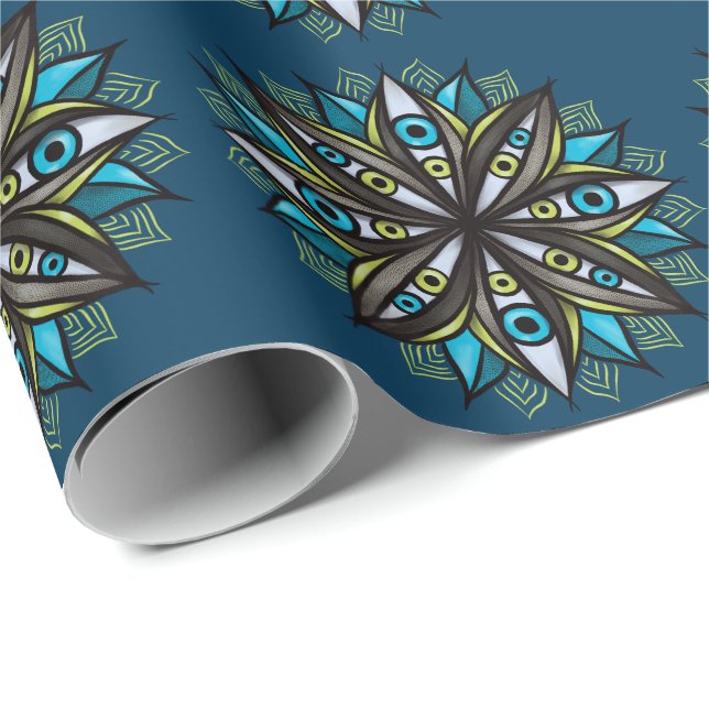 Konstig Ögon Mandala Art - Trippy Flower Blue Grön Presentpapper (Rullad Hörn)