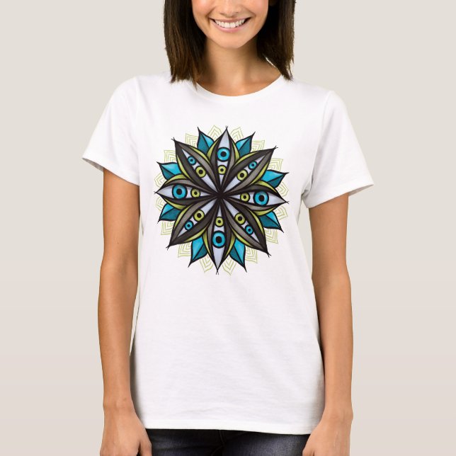 Konstig Ögon Mandala Art - Trippy Flower Blue Grön T Shirt (Framsida)