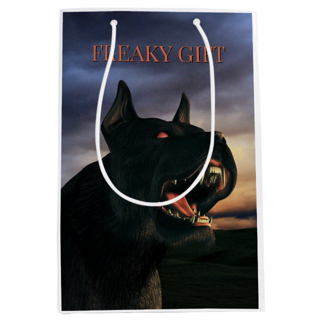 Konstig present. Stor, svart hund (Framsidan)