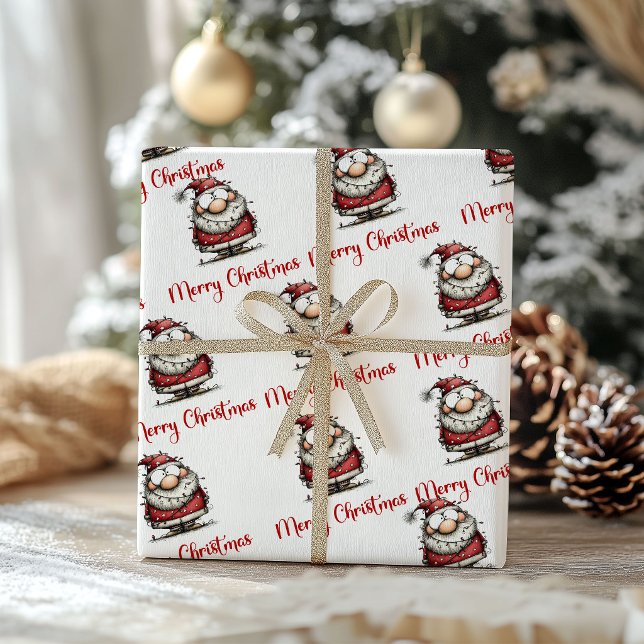 Konstig Rolig Tomte Tecknad Minimalistisk Inpackni Presentpapper (Quirky Funny Santa Cartoon Minimalist Wrapping Paper)