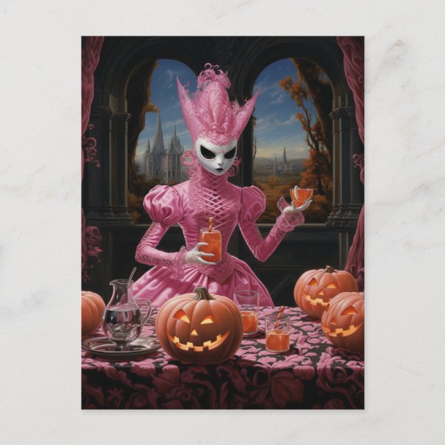 Konstig rosa halloween-person vykort (Framsida)