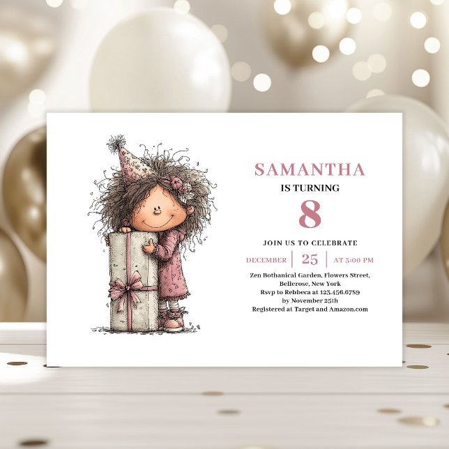Konstig Småbarnsflicka 8-års Födelsedagsinbjudan R Inbjudningar (Quirky Toddler Girl 8th Birthday Invite Pink)