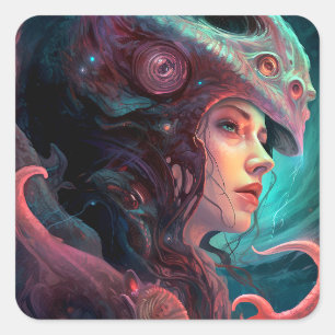 Konstig Surreal Alien Woman Art Fyrkantigt Klistermärke